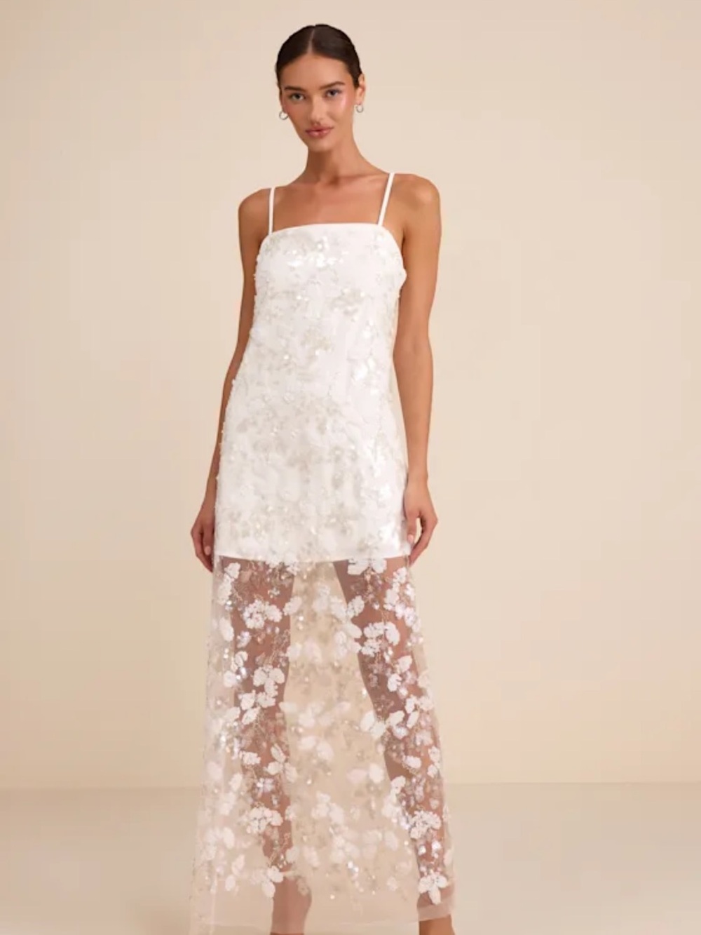 Lulu's White Floral Appliqué Strapless Sheer Overlay Dress